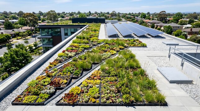 Rooftop garden with solar panels and succulents on building, Earth Day