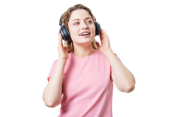 Fototapeta premium Woman in headphones expresses the emotion of delight from listening to music, wearing a pink T-shirt