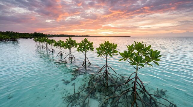 Young mangrove trees in clear shallow water at sunset, Earth Day