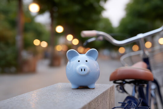 Blue piggy bank with a bicycle in the blurred background, savings for travel and summer vacations