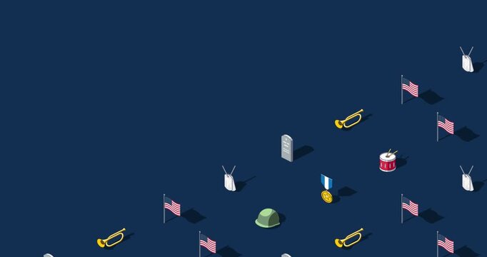 Memorial day title page of isometric loop animation on dark blue geometric background