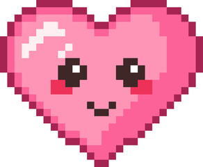 Obraz premium Cute Pixel Heart Icon With Face Kawaii Mini Sticker Style