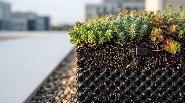 Succulent plants with irrigation sensor in planter box, Earth Day