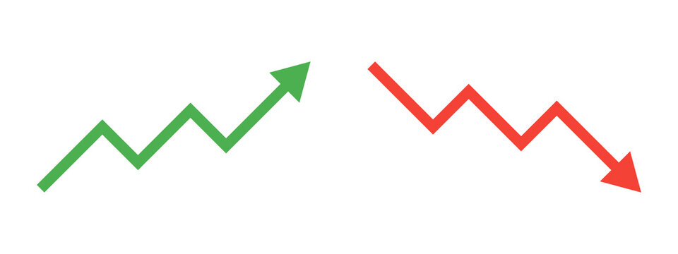 Stock Market Up and Down Arrows, Financial Growth and Loss Graph, Business Investment Trend Symbol with Green and Red Arrow Isolated on Transparent Background