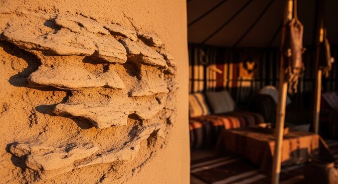 Close-up of textured adobe wall in warm, earthy tones with rustic interior in soft focus background