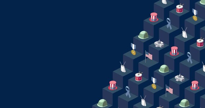 Colorful veteran's day and memorial day title page of isometric loop animation on dark blue geometric background
