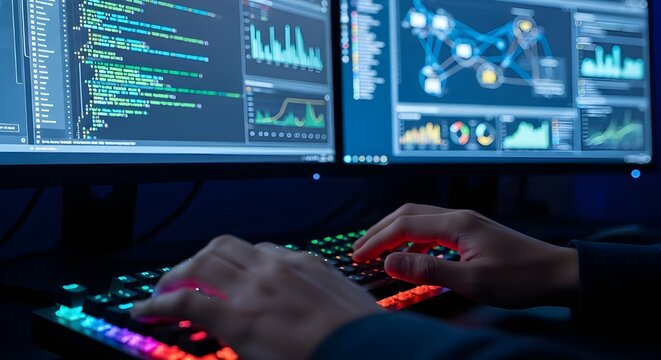 Person typing code on an illuminated keyboard, demonstrating fast data processing and cybersecurity measures for protecting digital information, networks, and software vulnerabilities