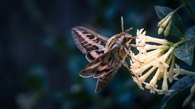 Moth feeding on white flowers at night, Earth Day