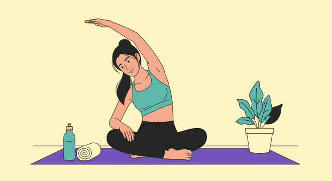 Flat yoga class illustration, woman stretching in seated pose on purple mat with water bottle and towel, minimalist home workout vector art for wellness app, fitness banner, poster