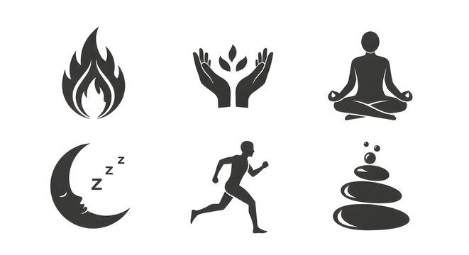 Zen meditation lifestyle icons set including yoga pose sleeping moon and running silhouette