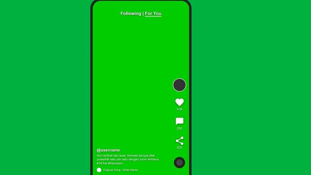 Smartphone screen with a green chroma key background, ready for video content integration, featuring social media interaction buttons and user interface elements for a dynamic app experience