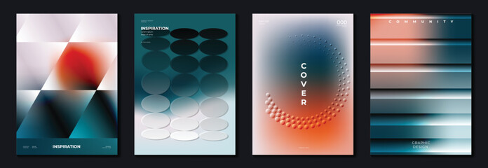 Naklejka na ściany i meble Abstract gradient poster background vector set. Minimalist style cover template with vibrant perspective 3d geometric prism shapes collection. Ideal design for social media, cover, banner, flyer.