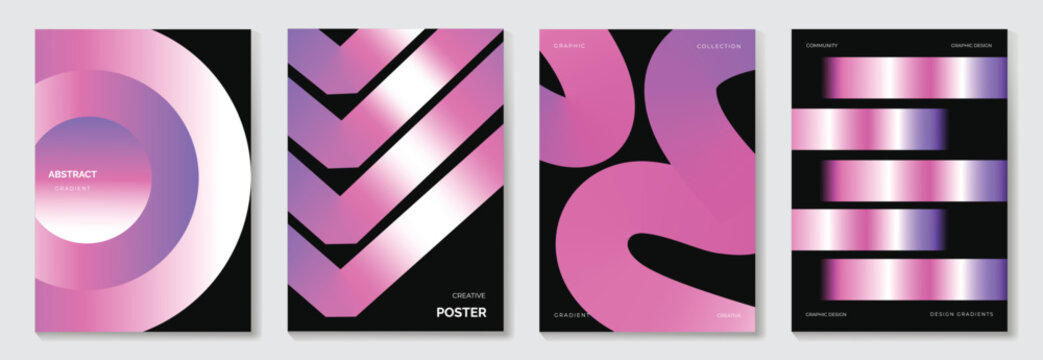 Abstract gradient poster background vector set. Minimalist style cover template with vibrant perspective 3d geometric prism shapes collection. Ideal design for social media, cover, banner, flyer.