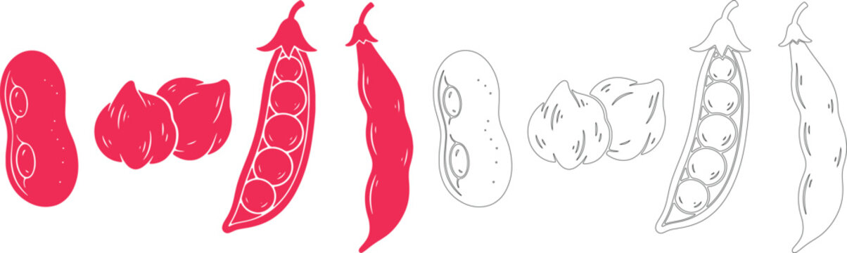 Red and black outline pea pods and peanuts peas