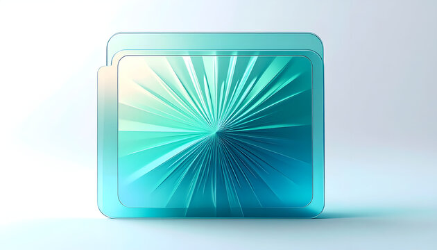 Aqua radial burst design with glass effect on rectangular tablet; light blue rays converge in abstract modern style with shine and frame