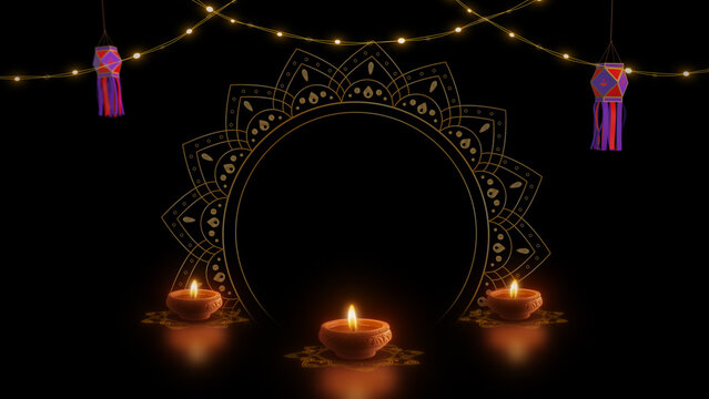 Festive Diwali Diyas with Kandil Lantern and Rangoli Mandala
