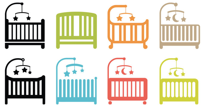 Colorful baby cribs with mobiles and stars and moons nursery furniture, cute infant bedroom vector illustration with playful hanging toys, cozy sleeping beds and decorative elements for childcare 