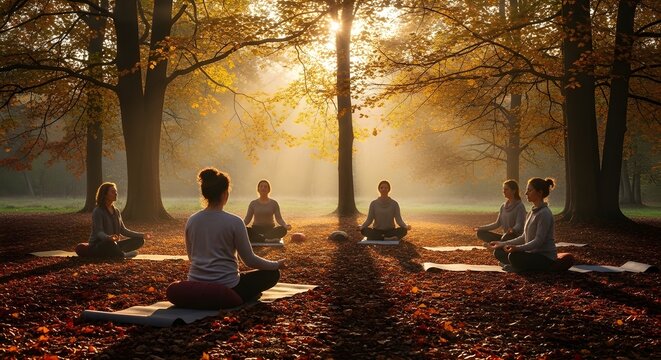 Group of people sitting in lotus pose practicing meditation on green grass in park during bright golden sunset