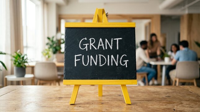 Grant funding statement appears on a small chalkboard easel inside a bright meeting room, while a blurred group at a table in the background suggests planning, finance, and collaboration.
