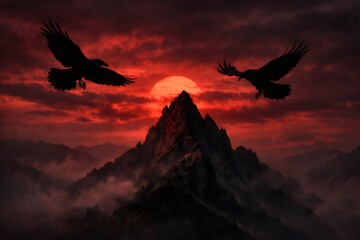 Obraz premium Black ravens soar dramatically above a jagged mountain peak, silhouetted against a fiery red sky and a large sun casting an ominous glow over the misty landscape