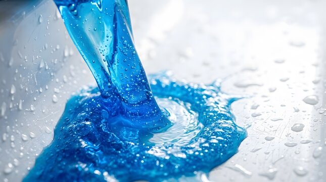 Macro Close-up of Blue Liquid Detergent Pouring and Splashing on White Surface with Bubbles