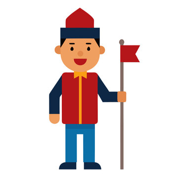 A cartoon man in traditional Nepalese attire including a red vest and Dhaka topi hat stands holding a small red flag against a plain white background.