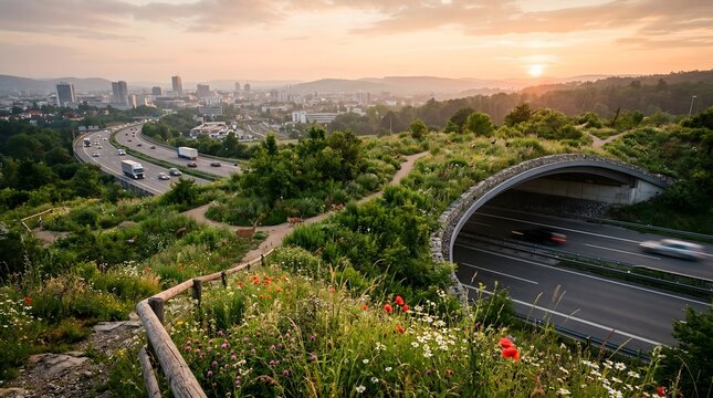 Highway with green wildlife overpass and wildflowers at sunset, Earth Day