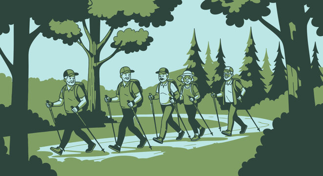Flat vector hikers walking in forest landscape, outdoor trekking and camping illustration in green tones. Nature travel concept with mountains, trees, trail and backpackers
