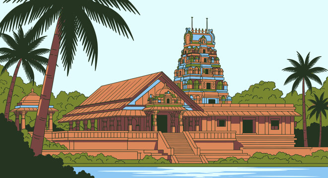 Retro vector Hindu temple by river, colorful South Indian gopuram and shrine architecture illustration. Tropical palm landscape, travel culture landmark graphic for posters