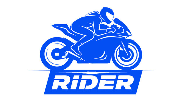 Bold blue motorcycle rider logo vector, sportbike racing silhouette emblem with helmeted motorcyclist, modern typography badge design for motorsport team branding and apparel
