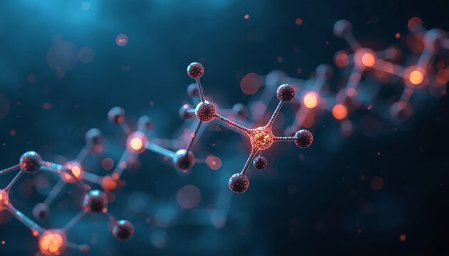 Two atoms approaching, bond forming with burst of light, chemical interaction, dna molecule background, Atom bonding reaction &ndash; burst of light, chemical interaction, approaching atoms