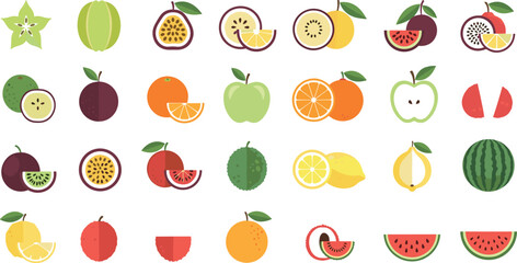 Obraz premium Colorful fruit icon set with tropical and fresh fruits collection, including apple, watermelon, citrus and exotic fruits, flat vector illustration isolated on transparent background