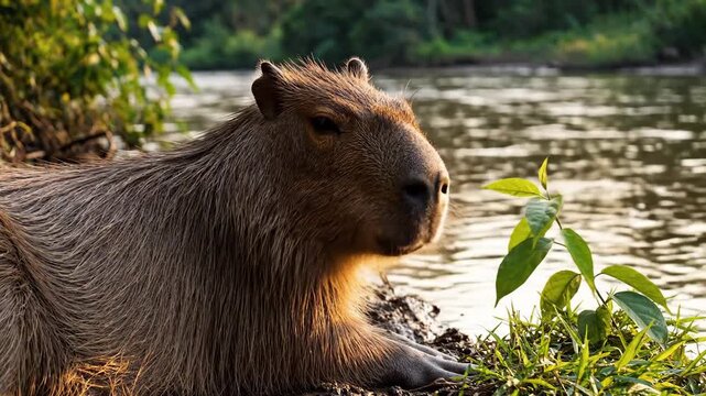 Calm Capybara Rests Beside Water on Sunny Riverbank