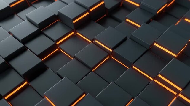 Glowing orange light illuminating moving dark cubes in this abstract 3d digital motion video footage animation