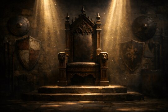 Ornate medieval throne casting long shadow in a dark, ancient stone chamber, featuring shields and dramatic light beams highlighting dust motes, symbolizing power and history