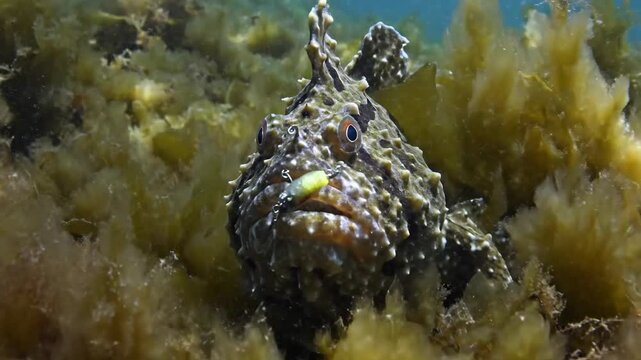 Camouflaged Frogfish Lurking in Seaweed Amidst Ocean Depths