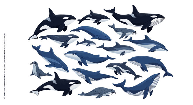 Minimalist blue dolphin vector silhouette group, ocean marine mammal illustration in monochrome navy tones. Dolphin pod wildlife graphic for logo, poster, t-shirt, decor