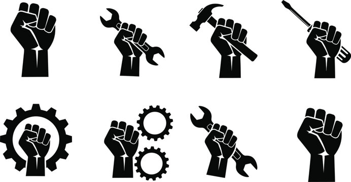 Solidarity and labor icons a collection of black silhouette illustrations representing workers' rights and industrial strength