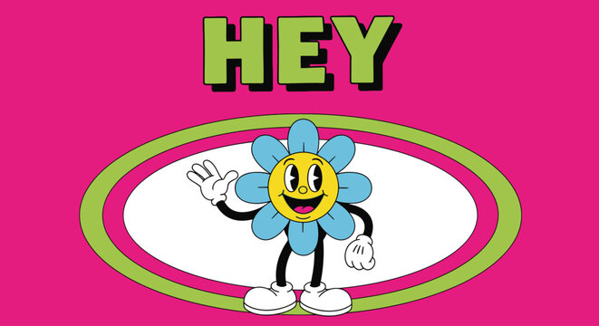 A cartoon flower character with a smiley face waves happily on a pink background with green and pink oval.
