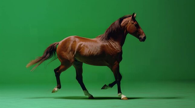 A majestic brown horse in motion against a vibrant green background, capturing the power and grace of the animal