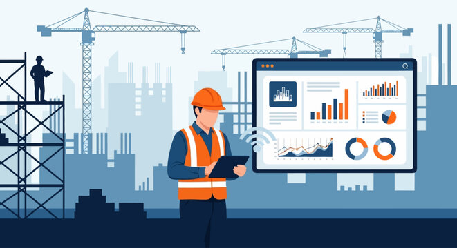 Construction worker presents data on screen at city building site with cranes