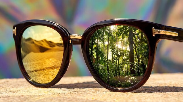 Luxury Sunglasses with Dual Reflections of Golden Desert and Green Forest, Surreal Fashion Concept for Travel and Environmental Duality