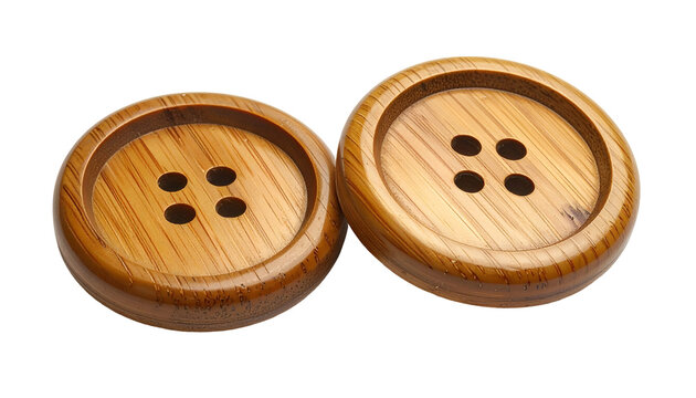 Two large, round, wooden buttons with four holes, on a transparent background, close up