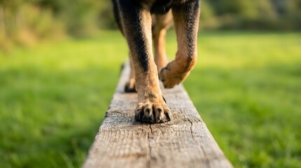 Fototapeta premium Close up of dog paws walking on a narrow wooden balance beam during agility training in a green park