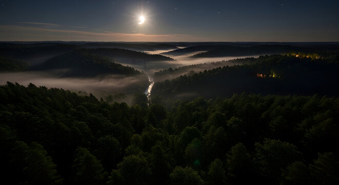 A bird's-eye view of the forest at night. View from above.