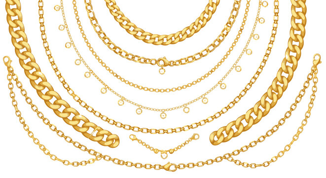 Vintage gold chain necklace border, jewelry frame with layered necklaces and circular chains in yellow metallic line art. Elegant vector ornament for branding, invitations, ads