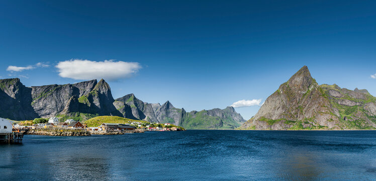 Red wooden houses in the village of Hamn&oslash;y on the Lofoten Islands in Norway