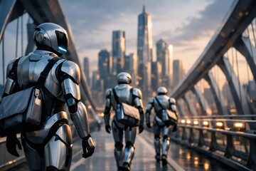Fototapeta premium Silver androids with messenger bags walking across a modern bridge towards a gleaming, futuristic cityscape during a vibrant sunrise or sunset, representing future urban travel and technology