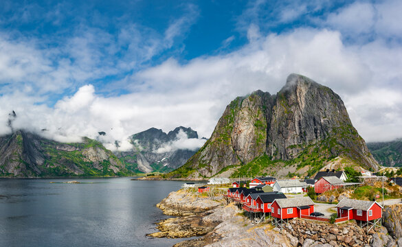 view of hamn&oslash;y on the lofoten islands in norway