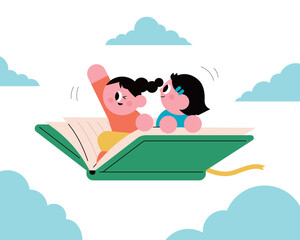 Happy kids flying on a giant open book in the blue sky imagination concept